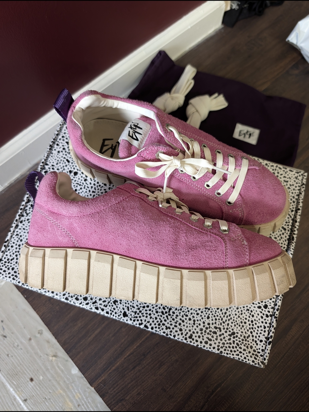 Eytys Pink Suede Leather Odessa Mens Platform Lug Sole Jumbo Lace Sneakers 43